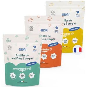 EHOP Set van 3 ontdekkingszakjes met 60 kauwtabletten mix (180 stuks) – verschillende smaken aardbeien, munt en citroen, biologisch COSMOS, met fluor, 100% natuurlijk, gemaakt in Frankrijk, ideaal