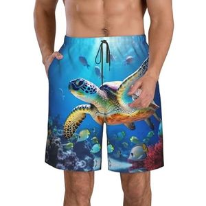 ETASUIOL Schildpad met kleurrijke vissen onder zee print heren strandshorts, stijlvolle zwembroek voor heren, boardshorts met sneldrogend polyester, Wit, XL