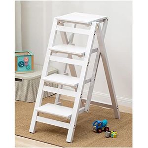 Opstapje, Opstapkruk for volwassenen/trapladder/tegenstoel, 2/3/4 stap multifunctionele opvouwbare massief houten ladder Stoo(White,4 step)