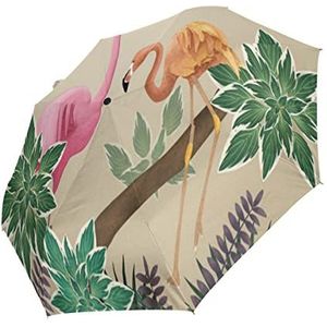 Flamingo Leaf Golden Art Automatische Opvouwbare Paraplu UV-bescherming Auto Open Sluiten Vouwen Winddicht Zonblokkering voor Reizen Strand Vrouwen Kinderen