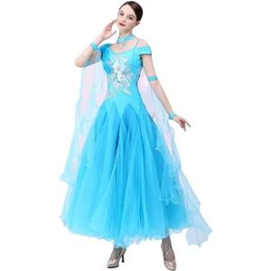 FZHQNZJF Professioneel Balzaal Dansende Jurken Wals Concurrentie Rok Glanzend Foxtrot Flamenco Dans Prestatie Kleren Nationale Standaard Kostuums met Strass,Blauw,3XL