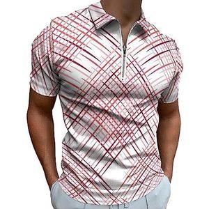 Geruite Rode Lijnen Polo Shirt voor Mannen Casual Rits Kraag T-shirts Golf Tops Slim Fit