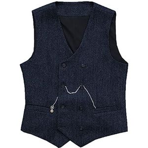 Heren Visgraat Vest met dubbele rij knopen Wollen Business Tweed gilet kleedt slank af(Small, Marine)