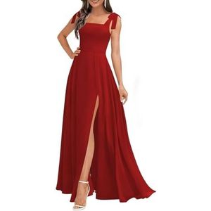 Chiffon bruidsmeisjesjurken voor dames, met spleetplooien, formele avondjurken, grote maten, Rood, 32