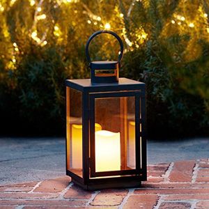 Lights4fun Grote Zwarte Metalen Decoratieve Kaars Lantaarn LED Batterij Werkt met Timer Indoor Outdoor Gebruik 30cm