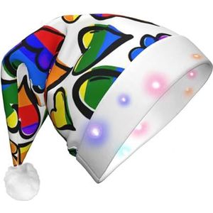 OdDdot Regenboog Gekleurde Gay Pride Harten Print Kerst Hoed, Kerstman Hoed, Xmas Vakantie Hoed voor Unisex Volwassenen, Fit Nieuwjaar Feestelijke Vakantie Party