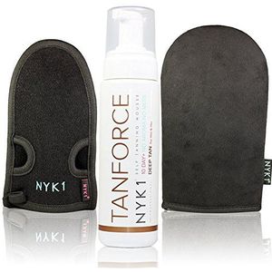 TanForce NYK1 Zelfbruiningsset – zelfbruiner voor gezicht en lichaam met 1 applicatorhandschoen en 1 peelinghandschoen voor peeling/zelfbruiningsschuim, zonder aanslag, voor een mooie natuurlijke bruining