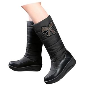 Hoge Laarzen Met Strass Steentjes Dames Snowboots Gevoerd Met Pluche Platformlaarzen Met Lange Schacht En Sleehak Waterdichte Halfhoge Laarzen Van Donsstof Warme Katoenen Slip-on Schoenen(Black,38 EU)