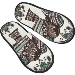 BONDIJ Bohemian olifantenpatroon print pantoffels zachte pluche huispantoffels warme instappers gezellige indoor outdoor slippers voor vrouwen, Zwart, one size