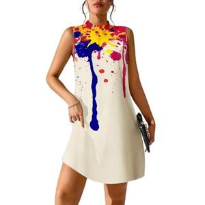 jurken voor dames Mock Neck-jurk met splash-inktprint for dames, mouwloze casual tankjurk met opstaande kraag (Color : Apricot, Size : M)