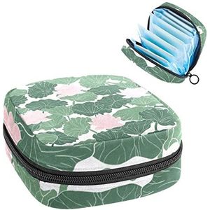 Roze Lotus Groene Bladeren Print Periode Tas voor Tiener Meisjes Vrouwen Dame, Maandverband Opbergtas met Rits Nylon Draagbare Opslag Menstruatie Pad Tas