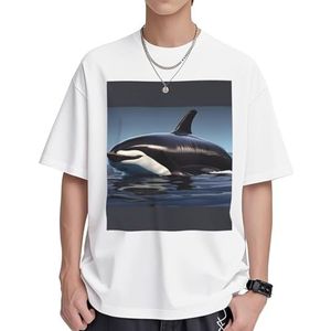 Orca Killer Whale Print Print Dames Katoenen T-shirts Casual Korte Mouw Tuniek Tops Crewneck Zomer Basic Loose Fit Tee, Wit, S