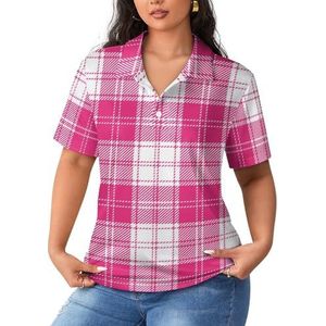 Roze en wit tartan geruite dames poloshirts met korte mouwen casual T-shirts met kraag golfshirts sport blouses tops 2XL