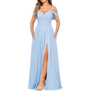 Chiffon bruidsmeisjesjurk voor dames met split avondjurken baljurk cocktailjurk grote maten, Hemelsblauw, 32
