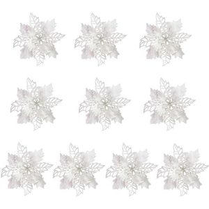 LEMCC 10Pcs Kunstmatige Kerstster Kerst Bloem Decor Met Clips Witte Poinsettia Bloemen Glitter Kerstboom Ornamenten voor Xmas Bruiloft Krans DIY, 11cm/4.3inch (58379773-9293-1413459621)