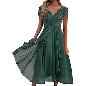 QLXYYFC Dames knielange chiffon jurk Sexy V-hals feestjurk met kant Korte mouw avondjurk Hoge taille Vintage swing trouwjurk Elegante A-lijn jurken Wikkeljurk Cocktailjurk (Color : Green, Size : M)