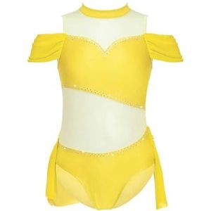 NUOYIXUAN Danskostuum voor kinderen met holle rug en glanzende strass steentjes, gymnastiekbody voor meisjes, gymnastiekpak voor ballet, show-kleding (geel, 16)