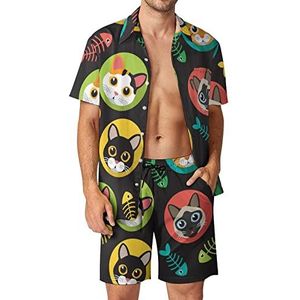 Cats And Fishbone Hawaiiaanse bijpassende set voor heren, 2-delige outfits, button-down shirts en shorts voor strandvakantie