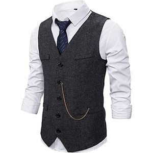 Formele Heren Pak Vest Casual Ketting Effen Kleur Business Tweed Vest Gilet Kostuum Vest for Bruiloft (Color : Black, Size : M)