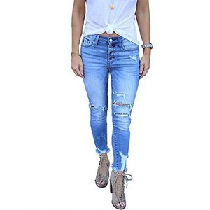 Ouduo Dames Ripped High Waisted Jeans, Dames Skinny Denim Broek Plus Size Slim Fit Leggings Jeggings Kleine Voeten Elastische Broek - blauw - L