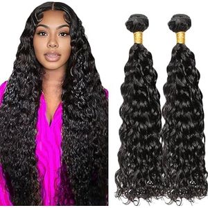 Lakaisa Water Wave Human Hair Bundles Sew in Hair Natural Black Real Hair Extensions 2 Bundles 100% Unprocessed Brazilian Virgin Hair No Smell for Woman 28 28 Inch