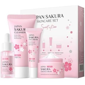 LAIKOU Huidverzorgingsset, Sakura Huidverzorgingssets & -kits - Reinigingsmiddel, Gezichtsserum, Oogcrème, Gezichtscrème, Cadeauset Voor Tienermeisjes Dames Reisset Voor Alle Huidtypes 4 stuks