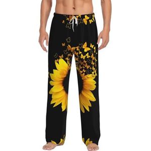 Zonnebloem Bloemen Vlinders Art Mannen Lange Lounge Wear Broek Nachtkleding Pyjama Bottoms Nachtkleding Met Zakken En Trekkoord, Wit, S