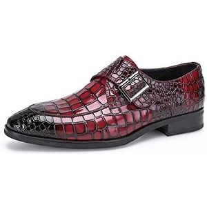 Formele schoenen for heren Instapper Monniksband Gepolijste teen Krokodil Alligator Reliëf echt leer Rubberen zool Lage bovenkant Antislip Antislip (Color : Winered, Size : 43 EU)