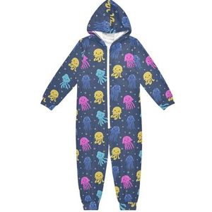 LI ZHI XIN Kinderpyjama met capuchon uit één stuk, jongens en meisjes, jumpsuits voor kinderen, onesie, slaappak, alles-in-één pyjama, winter, warme huisjumpsuit, 5-14 jaar, schattig kwallenpatroon
