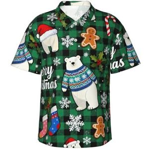 Hawaiihemd voor heren, strand, korte mouwen, button-down-shirt, zomer, strand, tops met zak, S-3XL, Kerstbeer Sneeuwvlokken Groen Plaid, S