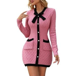 Dames geruite gebreide bodycon-jurk met lange mouwen en zak dames V-hals strik texturen contrasterende trim tuniekjurken, roze, L