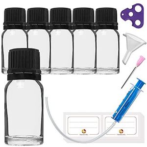 HandsUnity 10ml-6st Druppelaar Inzet Flesje - Kleine Heldere Glazen Fles Apothekersglas set met Zwarte Druppelaar Inzet Dop gemaakt van Transparant Glas set inclusief 18 hulp Accessoires