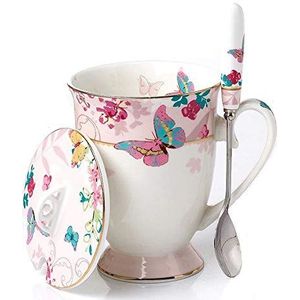 Eplze YBK Tech Euro Style porseleinen theekopje koffiemok met deksel voor ontbijt huis keuken (vlinderpatroon) (roze)