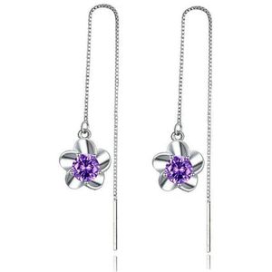 Damesmode ketting kwast lange Drop oorbellen paarse zirkoon steen bloem hanger elegante bengelen Earring Piercing lijn sieraden