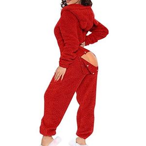 Vrouwen Sexy Onesie Pyjama Butt Button Terug Flap Jumpsuit Sherpa Romper Nachtkleding Een Stuk Rits Bodycon Leuke Oor Kap,Rood,M