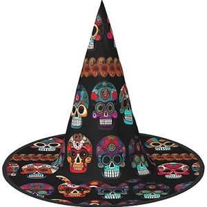 FRESQA Mexicaanse schedel print chique Halloween heksenhoed voor vrouwen-top keuze voor beste Halloween kostuum ensemble