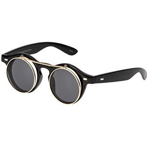 Ultra Steampunk Flip Up Zonnebril Ronde Bril Retro Goggles Heren Dames UV400, Zwart met Zwart lenzen, S