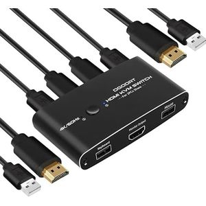DGODRT 4K 60Hz KVM-switch, USB HDMI schakelaar voor 2 computers 1 monitor die 2 USB-apparaten delen, bevat 2 HDMI-kabels en 2 USB-kabels