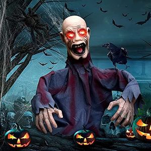 Halloween Decoraties Zombie Groundbreaker, Enge Halloween Props, Beweegbare Zombie met Licht Up Gloeiende Ogen en Griezelig Geluid voor Halloween Decoraties Outdoor, Binnen, Tuin