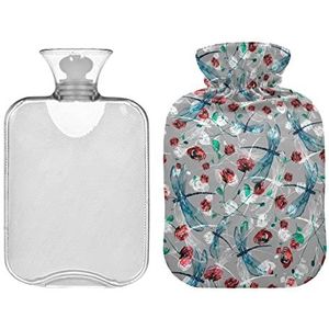 Aquarel Bloemen Libelle Splash Grijze Warmwaterfles met Cover 1L Warm Water Tas Warm/Koud Kompres Hals en Schouder Pijnbestrijding