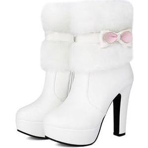 Dames Sexy Enkellaarsjes Met Blokhak Herfst Winter Pluche Snowboots Zoete Enkellaarsjes Met Strikken Platform PU-leren Laarsjes Elegante Feest-enkelschoenen 11,5 Cm Hoge Hakken(White,37 EU)