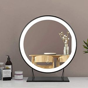 XUANYU Grote ronde make-upspiegel met verlichting met metalen frame, beweegbare tafelspiegel, staande spiegel, verschillende specificaties (zwart, koud wit licht, 50 cm)