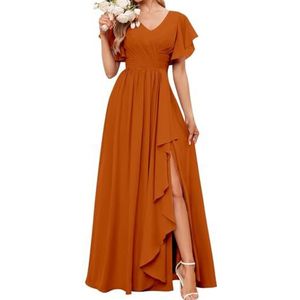 Korte Mouwen Bruidsmeisjesjurken voor Bruiloft Geplooide Chiffon Formele Avondfeest Maxi Jurk met Split AH152, Verbrand Oranje, 32
