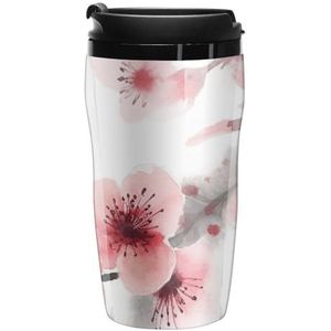 FHECVBN Koffie Cup Dubbelwandige Reizen Mok Aquarel Roze Cherry Bloemen Geïsoleerde Koffie Mokken Met Deksel Tumbler Cup Grappige Koffiekopjes Houden Dranken Koud En Warm 250ml