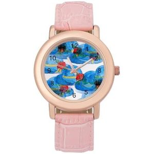 Blauwe Stro Hoed Patroon Vrouwen Lederen Band Horloge Quartz Horloges Gemakkelijk te Lezen Custom Gift voor Dames