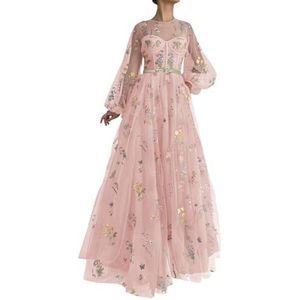 Dames Tule Galajurken Bloem Borduurwerk Avondfeest Jurken Prinses Baljurken Plus Size, roze, 32