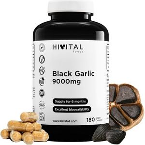 Zwarte Knoflook 9000 mg. 180 veganistische capsules voor 6 maanden behandeling. Geconcentreerd natuurlijk extract van zwarte knoflook zonder geur, Allium Sativum. Gefabriceerd in Europa door HIVITAL