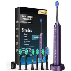 Elektrische tandenborstel, sonische tandenborstel, 3 intensiteitsniveaus, 5 modi, 40.000 VPM, IPX7, ridderpaars