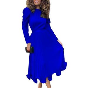 Elegante Tweedelige Dames Outfit Mock Neck Lange Pofmouwen Shirt Top En Hoge Taille Geplooide Maxirok Mit Ruches Aan De Zoom (Color : Blue, Size : 3XL)
