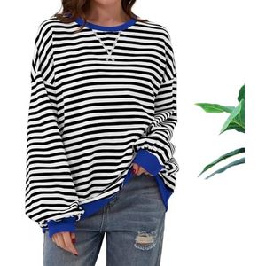 Women's Oversized Striped Long Sleeve Pullover Casual Classic Striped Crewneck Sweatshirt (XL,Blue)